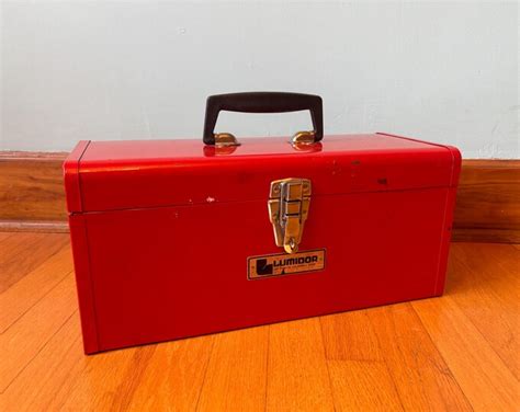vintage red metal steel handyman tool box rustic durable red metal