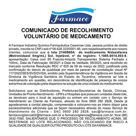 COMUNICADO DE RECOLHIMENTO VOLUNTÁRIO DE MEDICAMENTO -FARMACE – CRF-CE