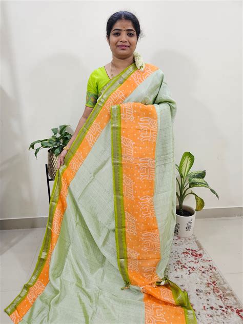 handwoven mangalagiri pattu saree  bandhini digital prints green