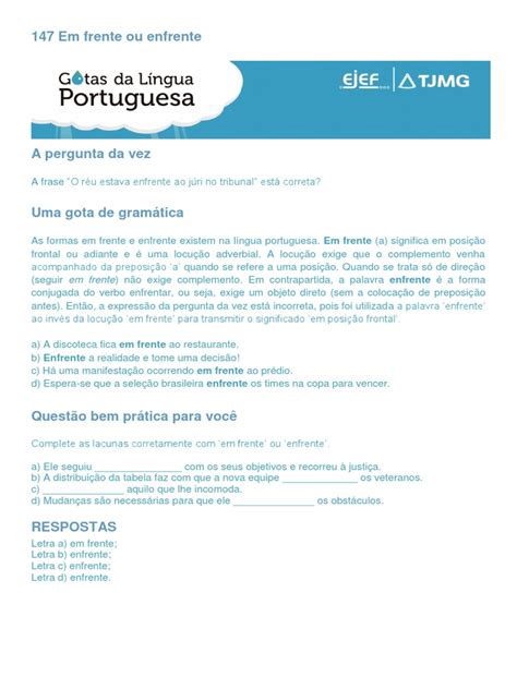 Enfrente Ou Em Frente Qual O Certo - Diferença entre "Em Frente" e "Enfrente" | PDF