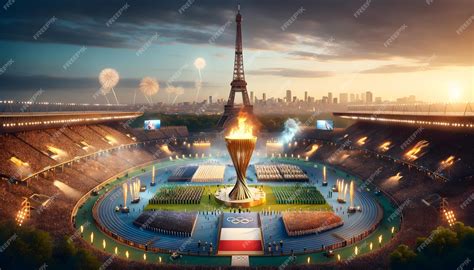 Paris Olympic Stadium During The 2024 Opening Ceremony With The Eiffel Tower Standing Tall In