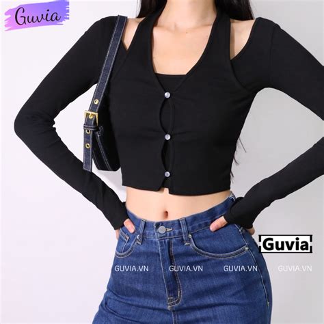 Áo Croptop Nữ TAY DÀI CHOÀNG CỔ YẾM có cúc CỔ Ôm Body Áo Thun Croptop