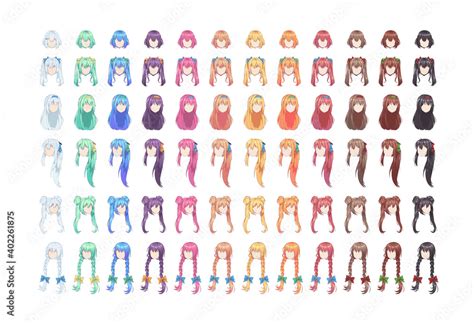 Anime manga multicolored hairstyles. Isolated hair set Stock Vector ...