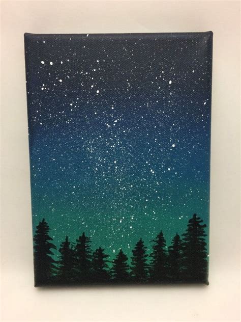 Starry Night Sky Pine Trees Acrylic Canvas Painting Blue Watercolor