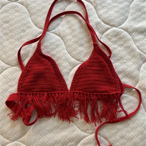 Red Bikini Top With Fringe And Red Ruffle Bottoms Depop