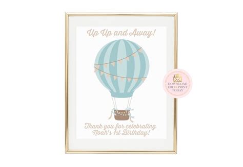Hot Air Balloon Printable Sign First Birthday Up Up And Away Sign Balloon Birthday Hot Air