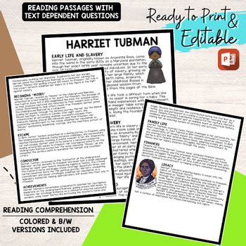 Harriet Tubman Women History Month Reading Comprehension Civil Rights