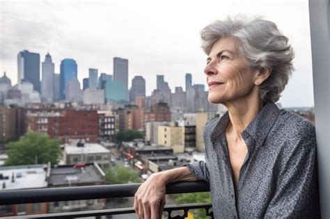 Premium Photo A Mature Woman Standing On A Balcony Looking At The City Skyline