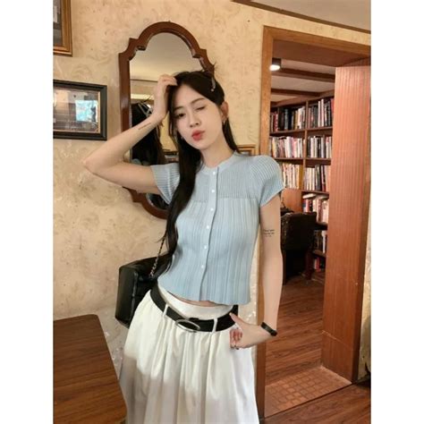 Blue Knitted Square Shoulder Short Sleeved T Shirt Women Summer Hot Girl Short Slim Fit Tight