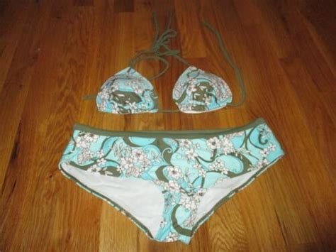 HCO Swim Blue Green Retro Floral Pc Bikini Bathing Swim Suit M L EBay