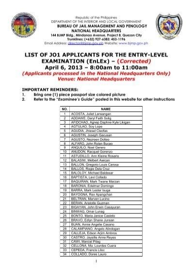 List Of Jo1 Applicants For The Entry Level Bjmp
