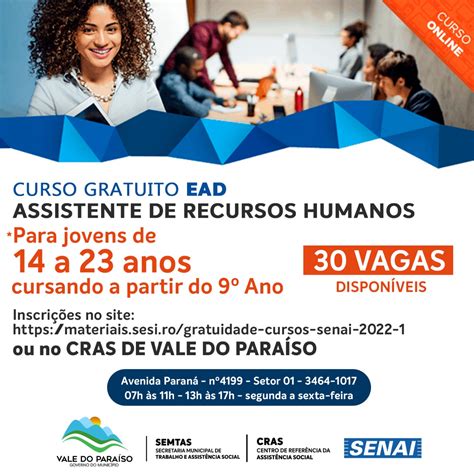Ead Serviço Social Gratuito - Assistência Social de Vale do Paraíso disponibiliza 30 vagas para curso ...