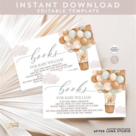 Editable Sage Green Teddy Bear Hot Air Balloon We Can Bearly Wait Baby Shower Bring A Book For