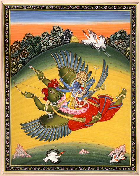 Vishnu With Lakshmi On His Mount The Great Bird Garuda Exotic India Art