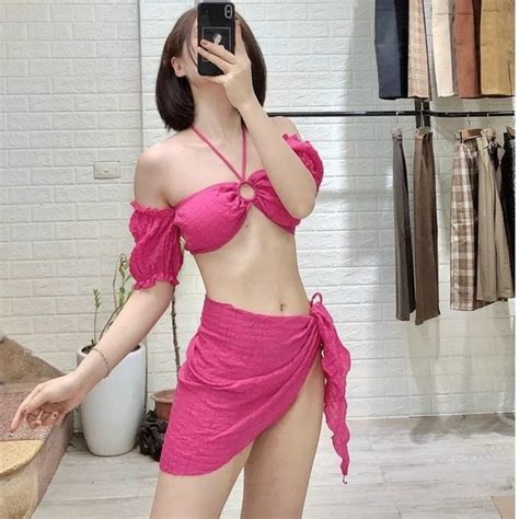Set đồ bơi nữ món bikini đi biển cổ khoen tròn tay phồng HATI Shopee Việt Nam