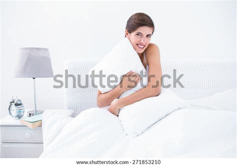 Happy Brunette Hugging Her Pillow Home Stock Photo Shutterstock