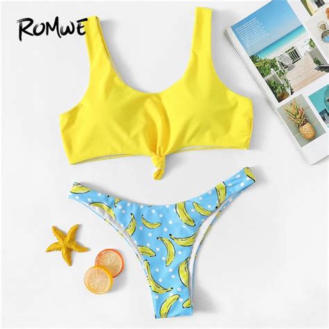 Romwe Sport Cute Colorblock Bikini Set Wire Free Bikinis With Banana Print Bottoms Women Summer