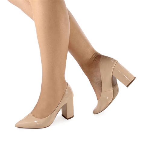 SCARPIN FEMININO VERNIZ NUDE SALTO BLOCO PALMILHA CONFORT Shopee Brasil