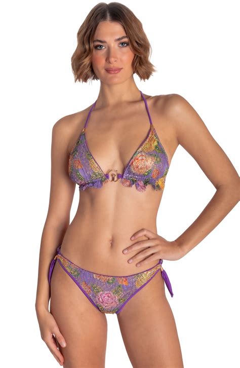 Macram Lace Padded Triangle Bikini Flower Bird Print Size S Brief Flakes Medium Coverage Color