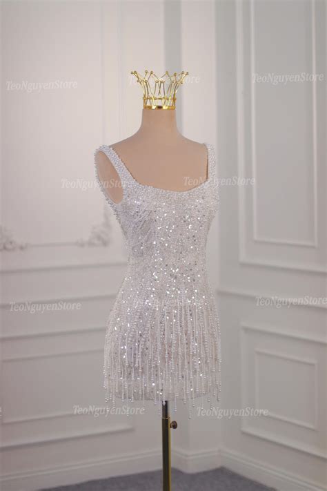 Short Sparkling Wedding Dress. Pearl and Sequins Party Dress. Pearl