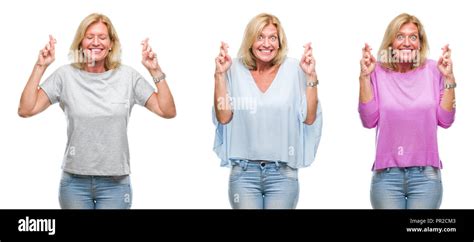 Collage Of Beautiful Middle Age Blonde Woman Over White Isolated Backgroud Smiling Crossing