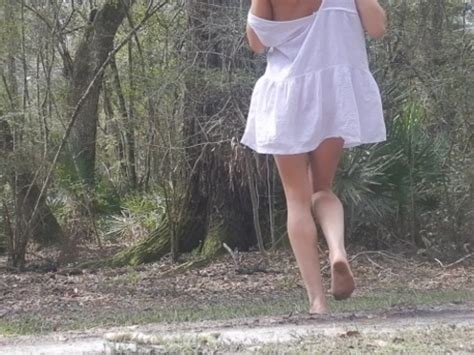 Public Blonde Desire Striptease Going Topless Outside Near River On Road