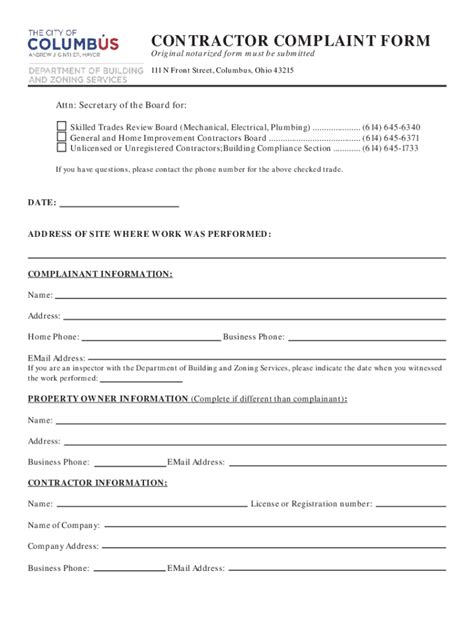 Fillable Online Contractor Complaint Form Ohio Department Of Commerce