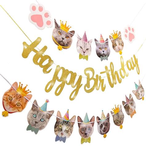 Buy Cat Birthday Party Decoration Cat Faces Banner Gold Glitter Happy