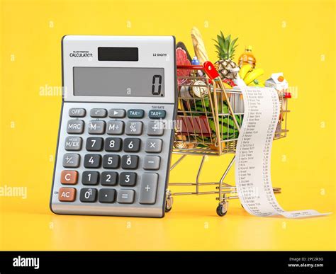 Shopping cart full of grocery food with receipt and calculator. Home ...