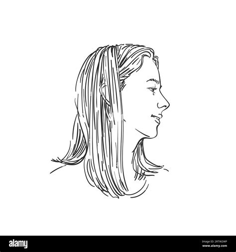 Portrait Of Happy Woman With Long Hair Looking Sideways Hand Drawn