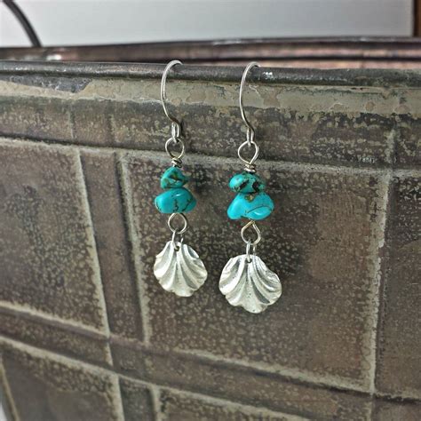 Silver Seashell Earrings With Turquoise Beads From Chained Cat Designs