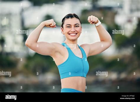 Fitness Portrait And Woman Flexing Muscle Arms Or Biceps After