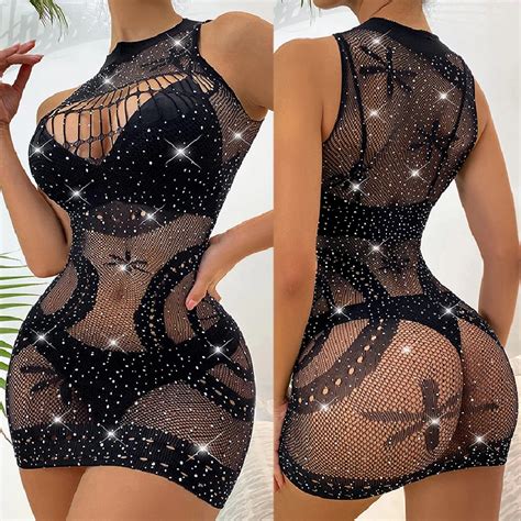 Plus Size Shiny Rhinestone Sexy Lingerie For Women Body Hot Bodysuit Crotchless Sex Dress See