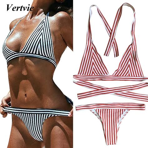 2018 Sexy Women Halter String Bikini Set Women White Stripes Thong Bikini Bathing Suit High Cut
