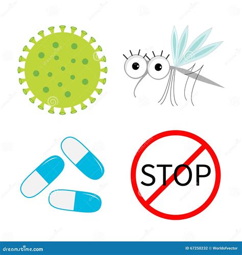 Virus Zika Icon Set. Mosquito. Cute Cartoon Insect Character. Stop Red