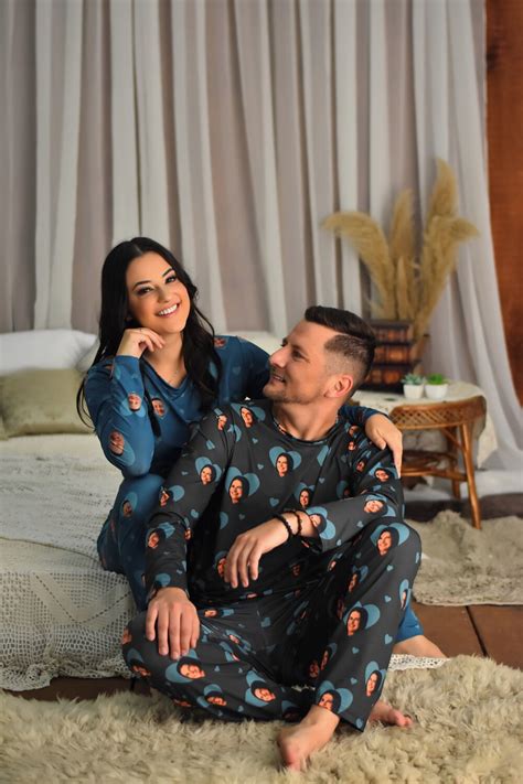 Pijama Longo Personalizado Foto Combo Casal Pijamas Ca