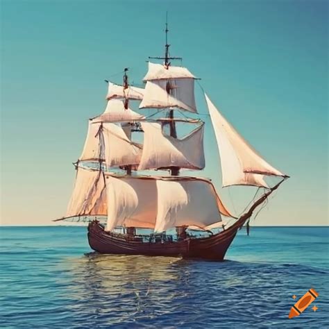 Profile Of A White Sail Pirate Ship On A Sunny Beach