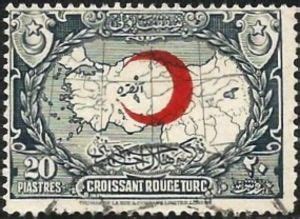 Stamp: Red Crescent symbol, map (Türkiye (Turkey)(Red Crescent 1928) Mi ...