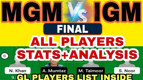 MGM VS IGM MGM VS IGM DREAM11 TEAM PREDICTION SHARJAH CBFS T10