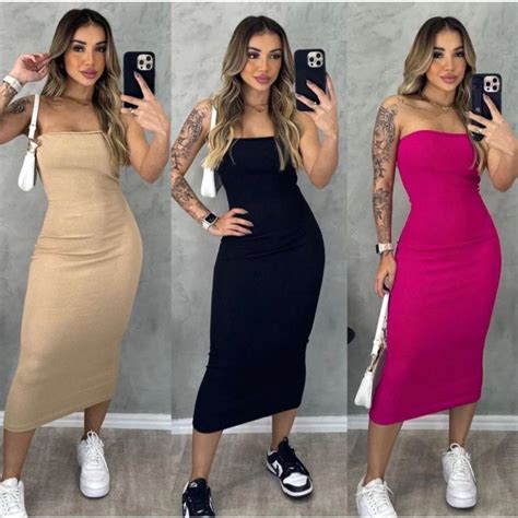 Vestido Midi Tomara Que Caia Tubinho Anarruga Canelado Blogueira Balada