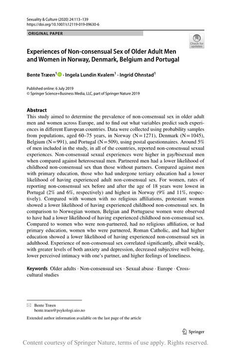 Experiences Of Non Consensual Sex In Older Adult Men And Women In