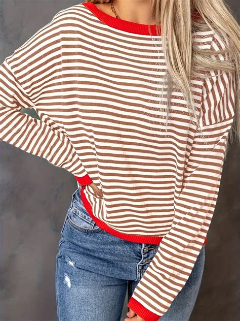 Womens Sweater Contrast Striped Crew Neck Side Stripe Temu