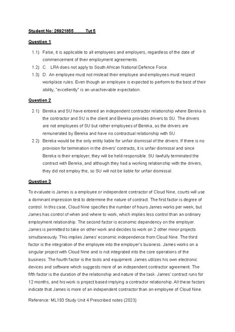 Merc law Tut 5 - Student No: 26921855 Tut 5 Question 1 1) False, it is