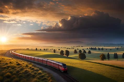 Premium Photo | A train on the tracks with a sunset in the background