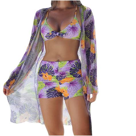 Purple Women Sexy Hawaiian Seamless Triangle Piece Slit Sets Flower Tops Swimwear Micro Bikini