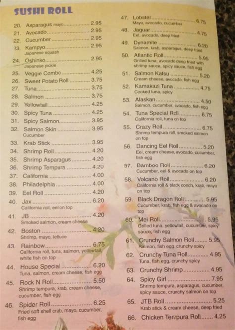 Menu at WASABI restaurant, St. Augustine, 965 FL-16