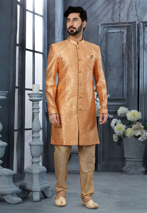 Peach Jacquard Indo Western Sherwani