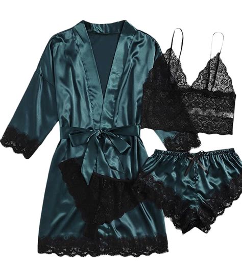 AMITOFO Women S Satin Silk Pcs Pajama Set With Lace Trim Cami Lingerie Sleepwear And Robe