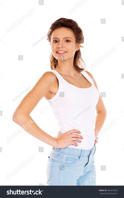 Happy Brunette Girl White Tshirt Blue Stock Photo 586375976 Shutterstock