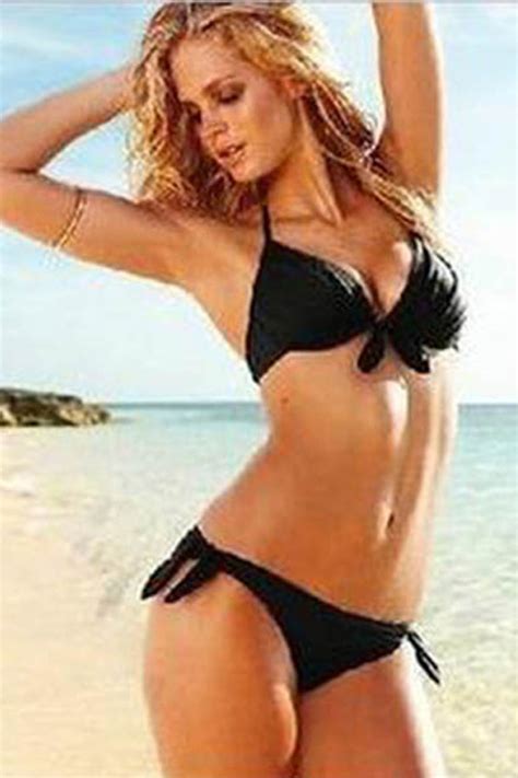 Solid Black Halter Style Bikini Swimsuit With Front Tie Closures On Top And Side Ties On The Bottom